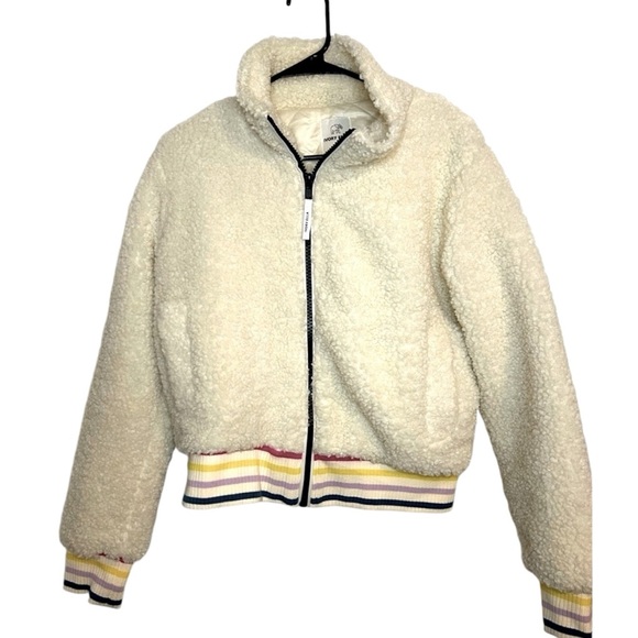 Ivory Ella Sherpa Jacket Coat Full Zip‎ Cream Varsity Striped Bomber size S - Picture 1 of 3